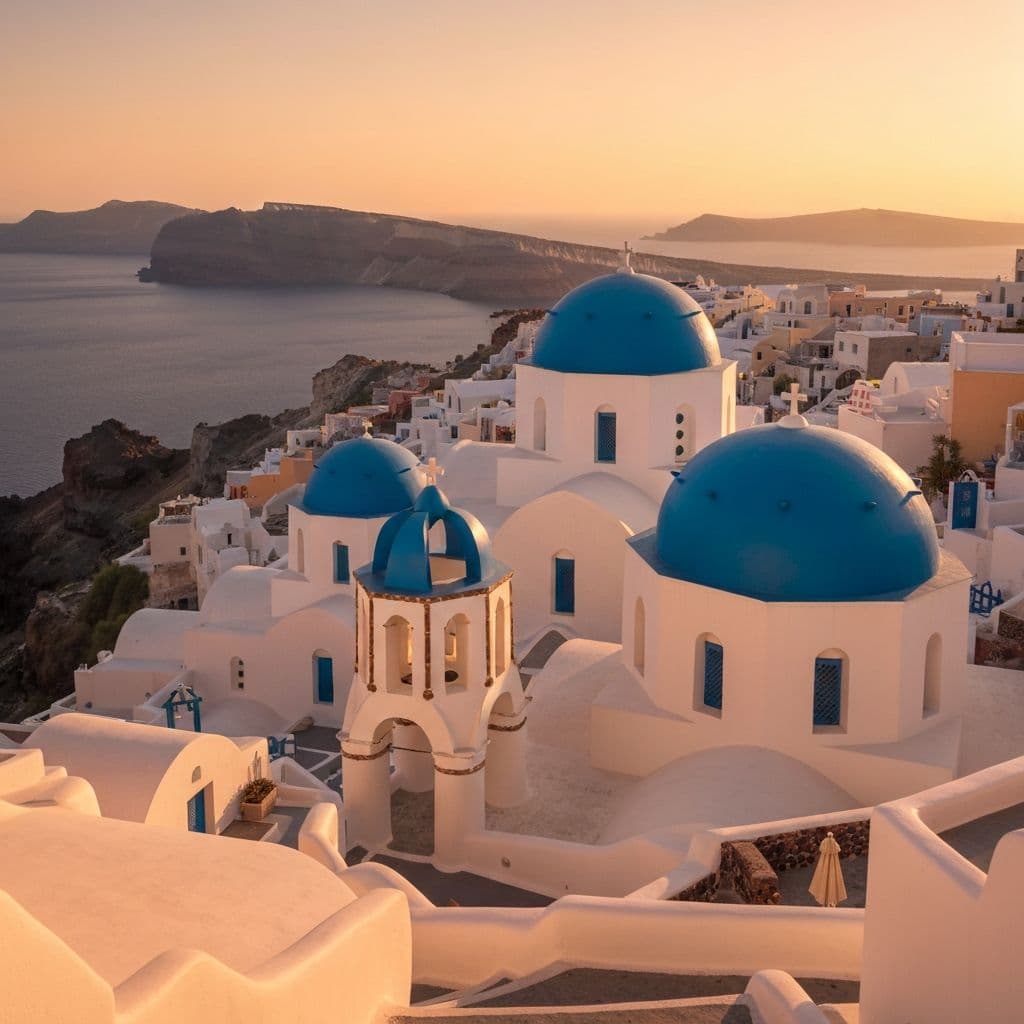 Santorini white buildings and blue domes at sunset
