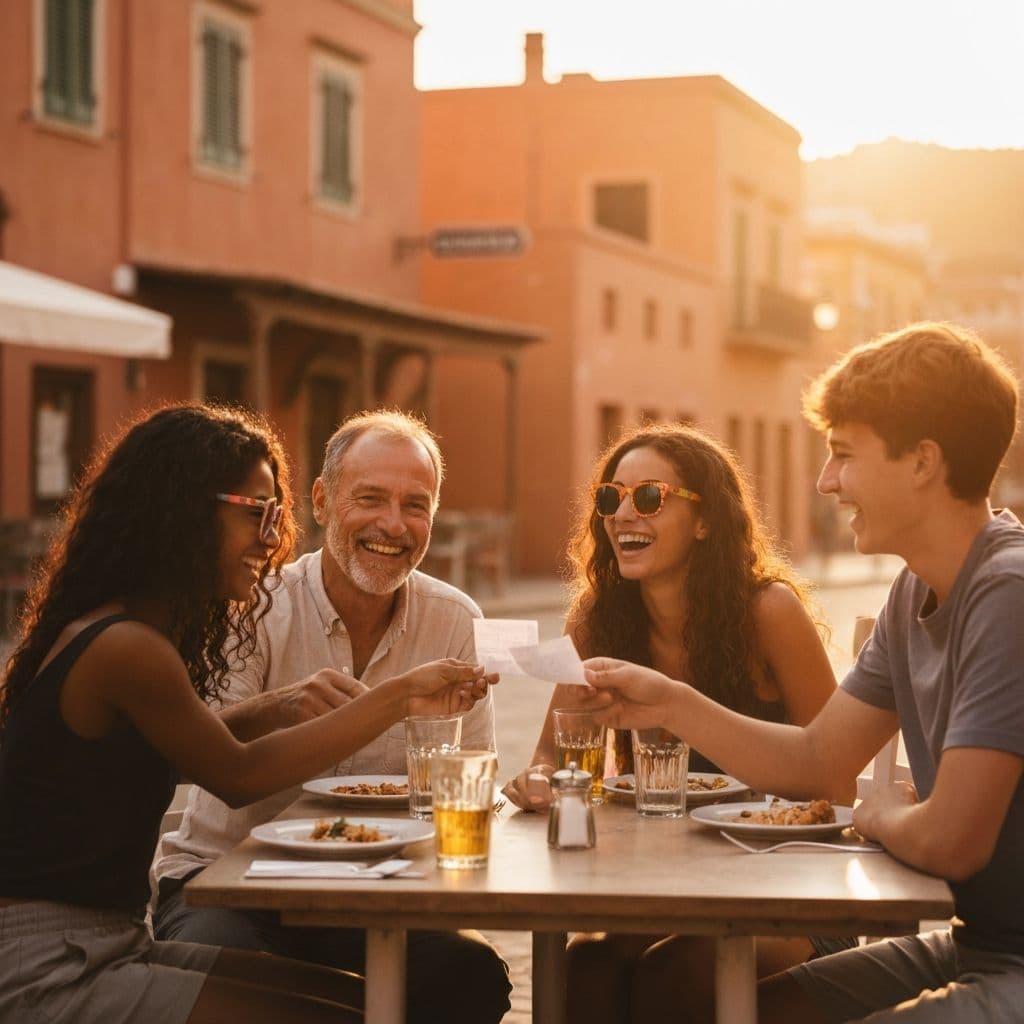 Friends sharing a meal at a Mediterranean cafe