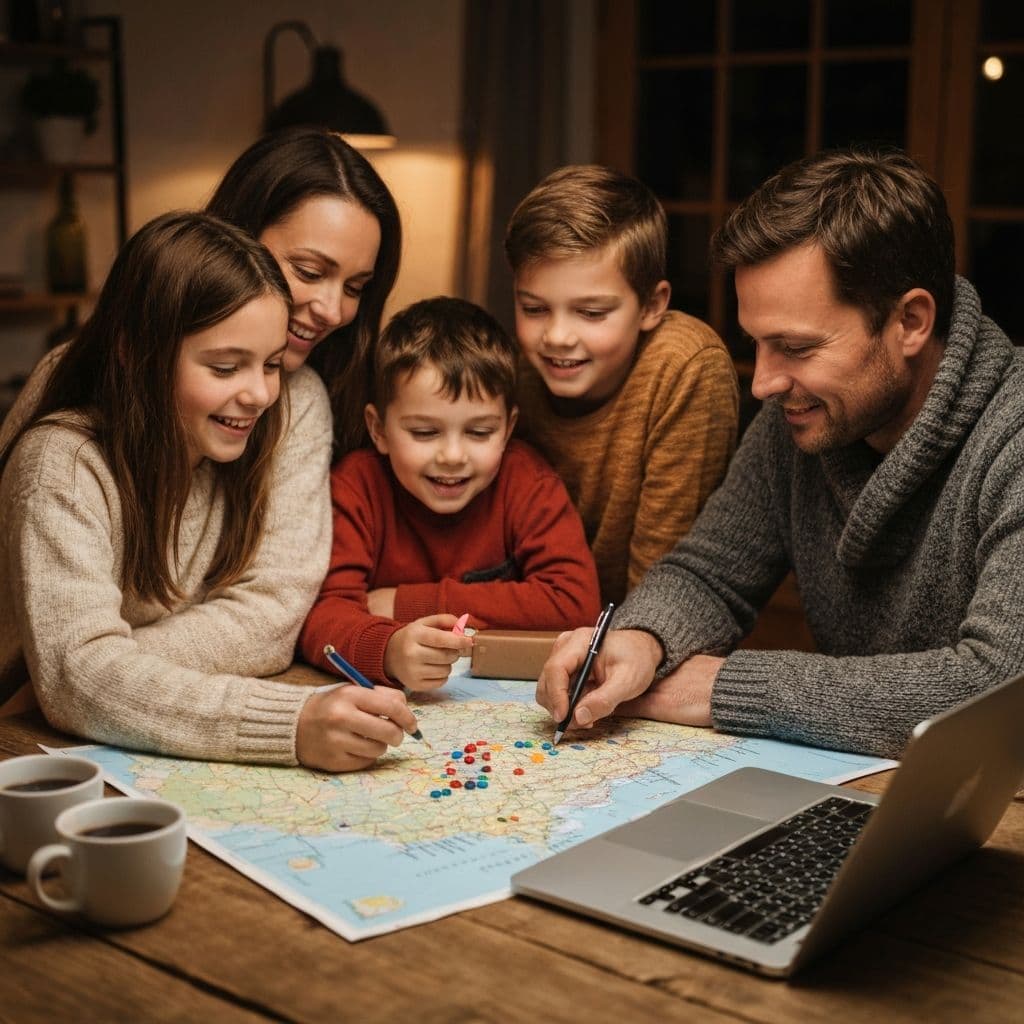 Family gathered around a table planning a trip together