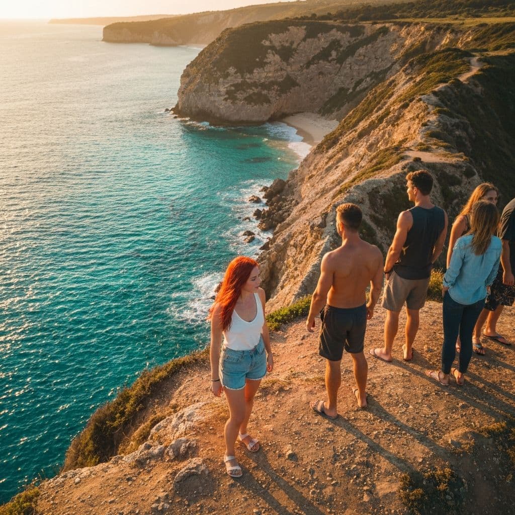 Friends on a scenic coastal cliff at golden hour